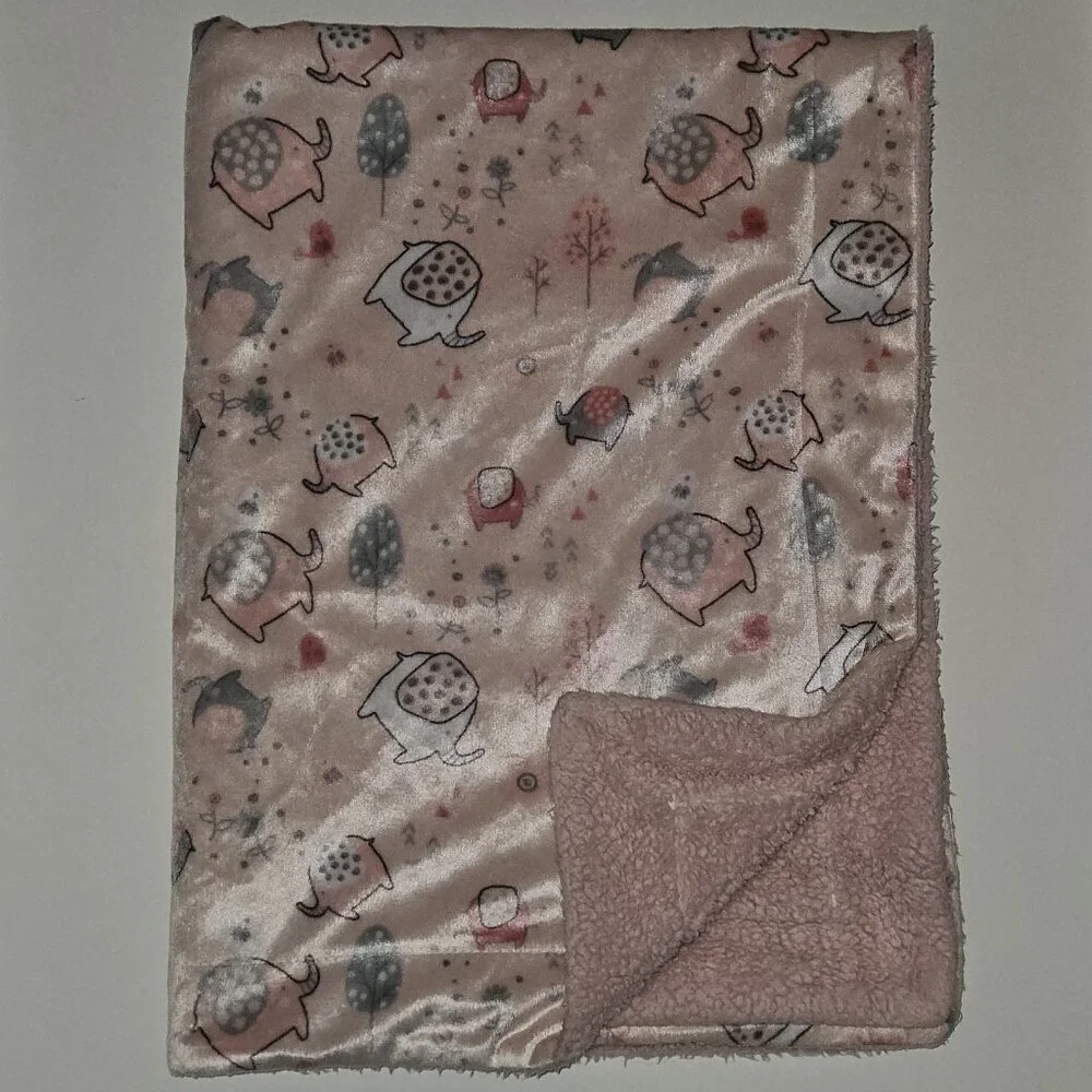 Pink Gray Fleece Baby Blanket Elephants Birds Trees Flowers Leaves White 30x40